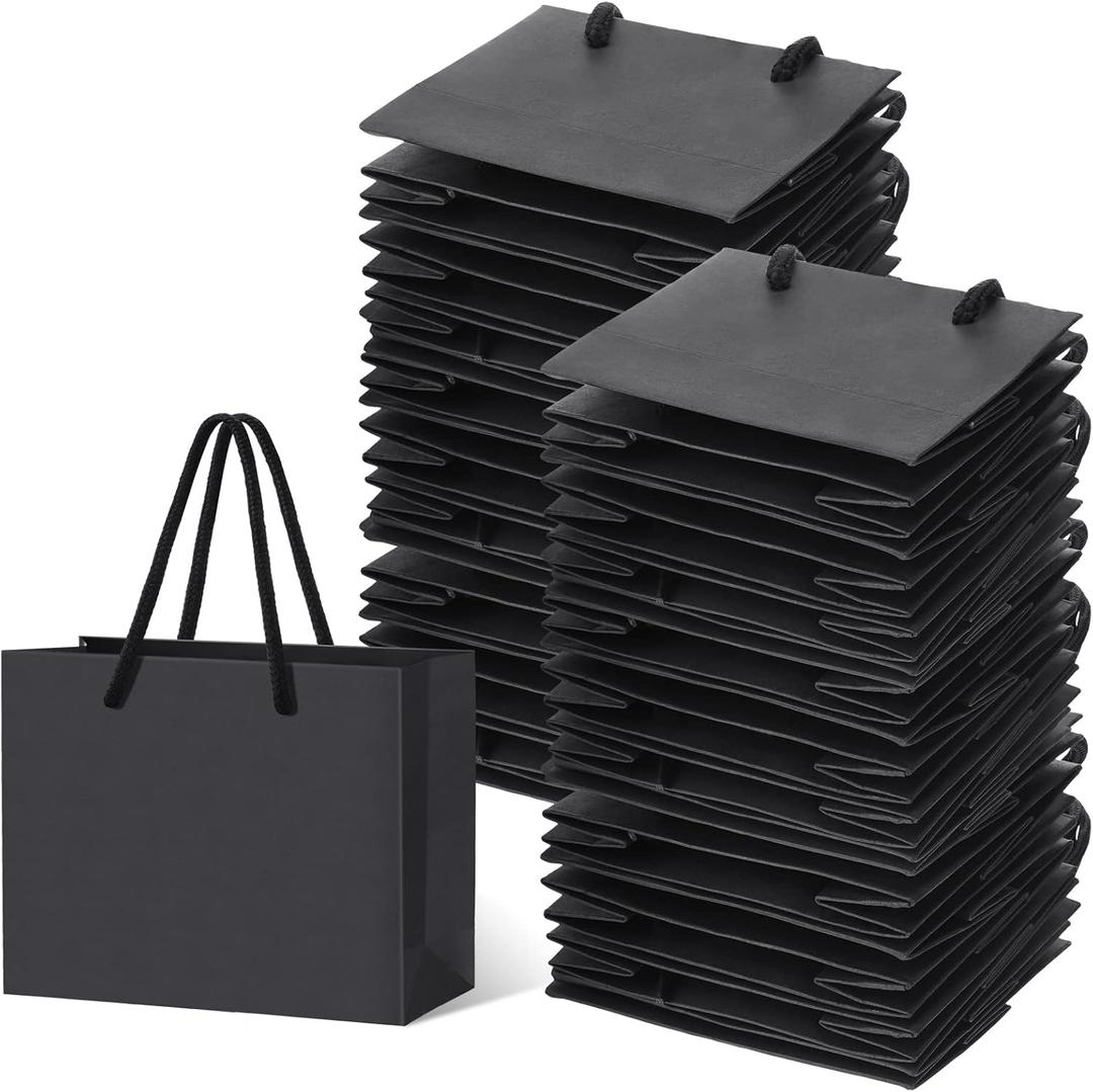 Honoson 100 Pcs Thicken Black Mini Gift Bags with Handles, 3.9 x 4.7 x 2.4 Inch Small Paper Goodie Shopping Bags for Small Business Party Wedding Gift Wrap Valentine