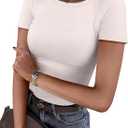 ANRABESS Women Short Sleeve Crewneck Ribbed Knit Slim Fitted Shirts Summer Tops Basic Tee Casual 2026 Spring Outfits Clothes (Beige, S)