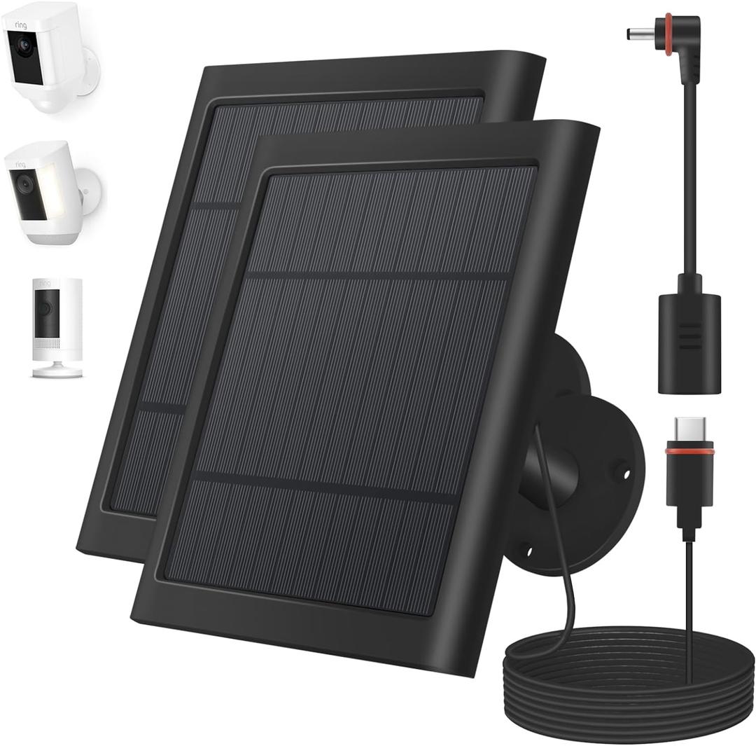 2 Pack 4W Solar Charger for Ring Spotlight & Stick Up Outdoor Cam, Black, High Efficiency, 10FT/3M Long Cable with USB-C to Ring Barrel Plug Adapter