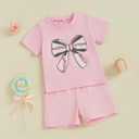 Toddler Baby Girl Summer Outfits Baseball Bow Fuzzy Embroidered T Shirt Top Shorts 2Pcs Baseball Game Day Clothes (Pink)
