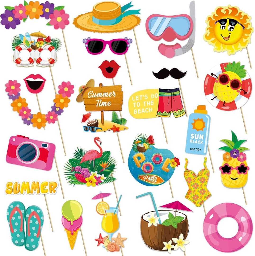 JOJO FLY 25 Pcs Summer Pool Beach Photo Booth Props, Hawaiian Luau Birthday Party Supplies, Tropical Aloha Party Decorations