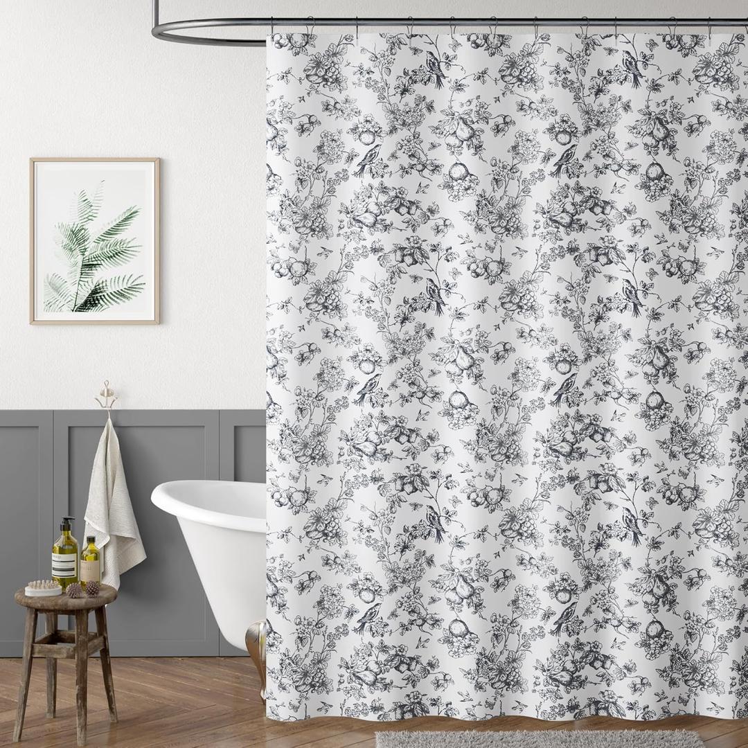 jinchan Vintage Floral Shower Curtain Waterproof Fabric Botanical Flower Plant Shower Curtains for Bathroom Elegant Luxury with 12 Hooks Eden Black 70x72 Inches