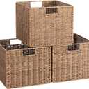 12X12X10in Plastic Wicker Storage Basket, Collapsible Wicker Cube Storage for Shelves, Woven Plastic Storage Basket for Pantry, Bedroom, Living Room, Bathroom, Shelves(Natural), Pack of 3