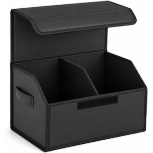 Car Trunk Organizer, Foldable Cargo Storage Box with Hook-and-Loop Lid, Suede & Faux Leather Trunk Organizer for SUV Sedan Truck, Adjustable Divider, Handles, Black, 19.7inches