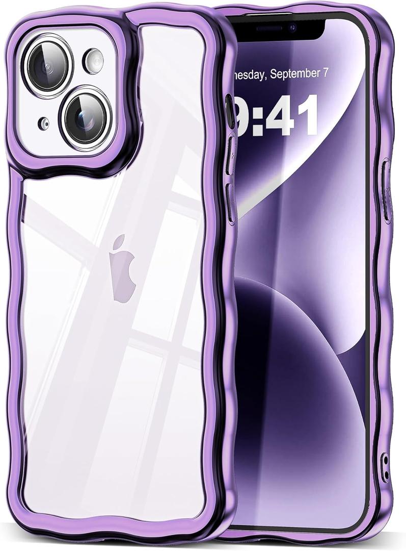 2 x SKYLMW Compatible with iPhone 15 Case, Kawaii Cute Curly Wave Frame Luxury Plating Edge, Stylish Glossy Clear Back, Soft TPU Shockproof Protective Cases for iPhone 15, Purple