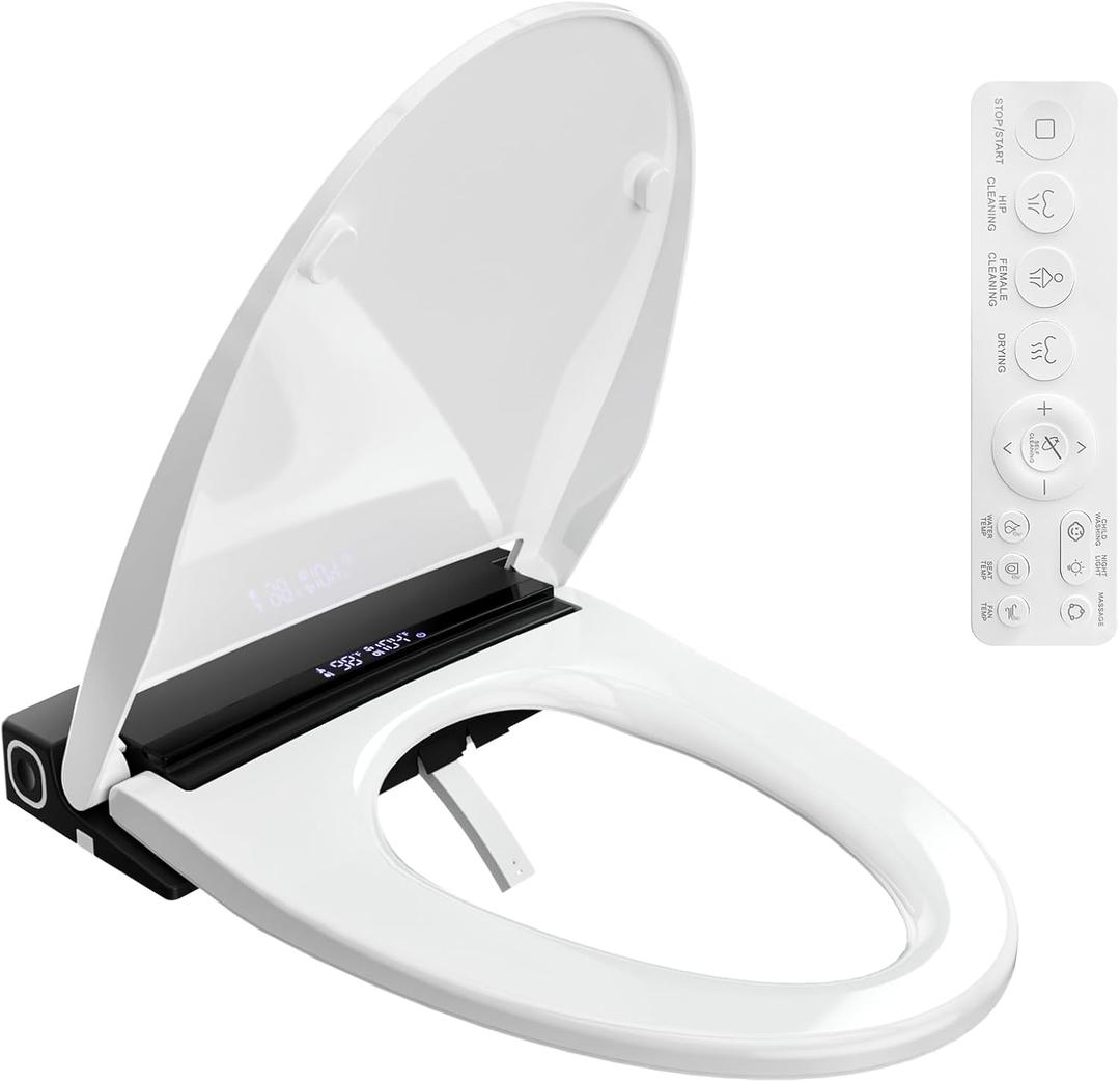Baotree Electric Toilet Seat, Elongated Smart Heated Toilet Seat with Warm Water & Dryer, Feminine & Child Hip Wash, Wireless Remote, Self-Clean, Stainless Steel Nozzle, Adjustable Water Pressure