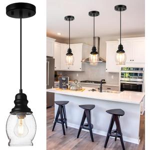 WILON Pendant Lights for Kitchen Island, Seeded Glass Mini Pendant Light Fixtures Farmhouse Pendant Lighting Metal Black Pendant Light Over Kitchen Island Sink Dining Table