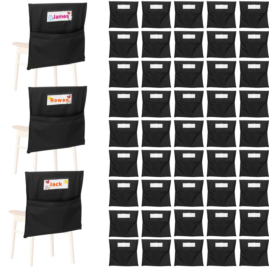NURATIT 22*20 Inch Extra Large Chair Pockets for Classrooms, 48 PCS Extra Large Seat Sacks with Name Tags, Heavy-Duty Oxford Fabric Chair Organizers for School, Home, Office – Black (22*20in 48PCS)