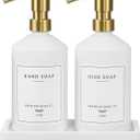 Gold Soap Dispenser Set, Glass Hand and Dish Soap Dispenser Set with Tray,Stainless Pump,14 Stickers for Kitchen,Bathroom Soap and Lotion Dispenser,Modern Counter Decor (White Bottle/Gold Pump)