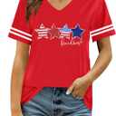 ALLTB America Flag Shirt Women Sequin Stars Freedom T-Shirt Red White and Blue Shirts 4th of July V Neck Tops (Red, S)