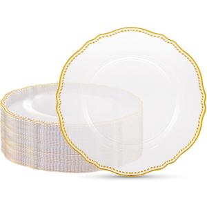 Hioasis 60pcs Gold Plastic Plates - Clear and Gold Disposable Plates, 10.25 inch Plastic Dinner Plates, Perfect for Wedding & Party & Holiday
