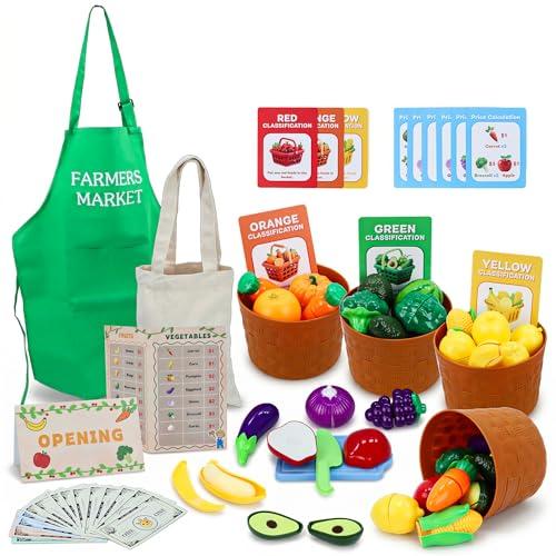 Pretend Farmer Market Toy, Color Sorting Set, Peel & Cut Fruit Vegtables, Learn Counting, Fine Motor Skills, Fruit Cutting Toy, Farmer Market Play Set, Montessori, Play Food Gift for Toddler Ages 3+