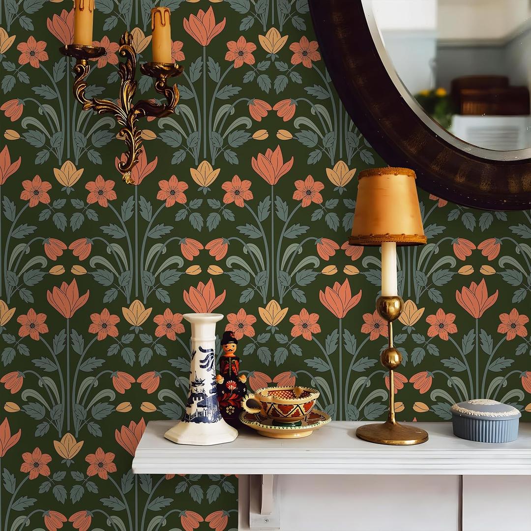 Floralplus Floral Wallpaper Peel and Stick Vintage Flower Wallpaper Dark Green Removable Wallpapers for Renter Bedroom Dark Floral Contact Paper for Cabinets Countertops 17.5 x 118 in