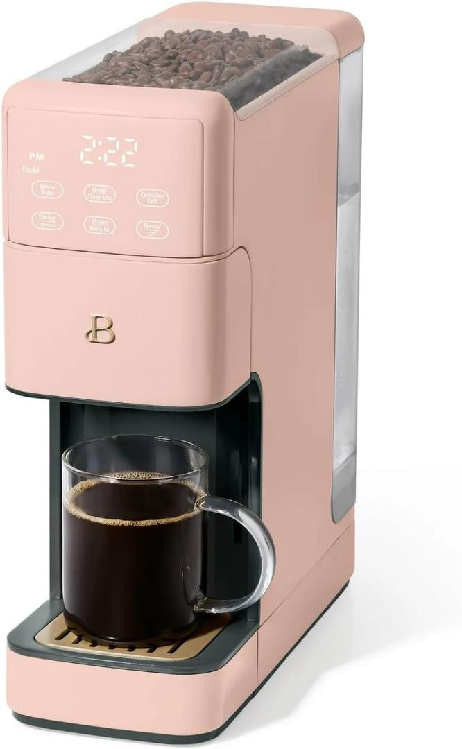 Beautiful Perfect Grind - Cafetera programable de una sola porcin con pantalla activada por tacto, molinillo de rebabas programable e integrado, depsito de agua de 64 onzas (rosa)
