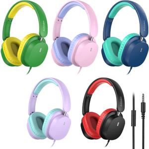 Kids Headphones Bulk 5 Pack for School, HD Mic Stereo Sound Over-Ear Headphones for Classroom, Comfortable Fit, Foldable, 3.5mm Jack Wired Headphones for Kids ipad Tablets Computer Travel