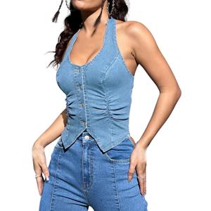 OYOANGLE Women's Vintage Denim Crop Tank Top Summer Button Front Sleeveless Halter Jean Vest (Large)