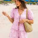Trendy Queen Short Sets Women 2 Piece Summer Vacation Beach Outfits Going Out Matching Clothes Cute Striped Tie Front Tops (Pink, L)