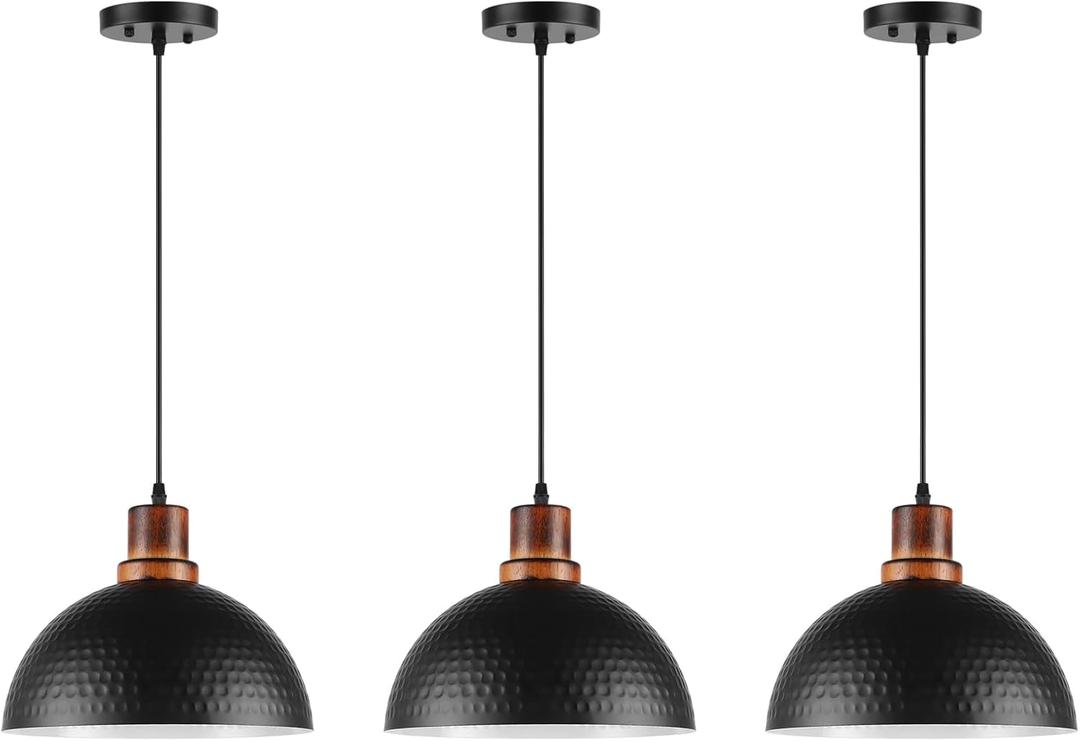 Solid Wood Pendant Lights 3 Pack, 11.8" Modern Matte Black Dome Hammered Metal Hanging Ceiling Light Fixtures Industrial Lighting for Kitchen Island Dining Living Room Restaurant Farmhouse