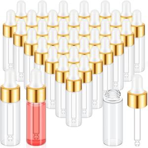200 Pcs Mini Glass Oil Dropper Bottle Bulk, Clear Essential Small Empty Bottles Sample Containers Perfume Liquid Vials with Cap for Traveling (5 ml, Gold)