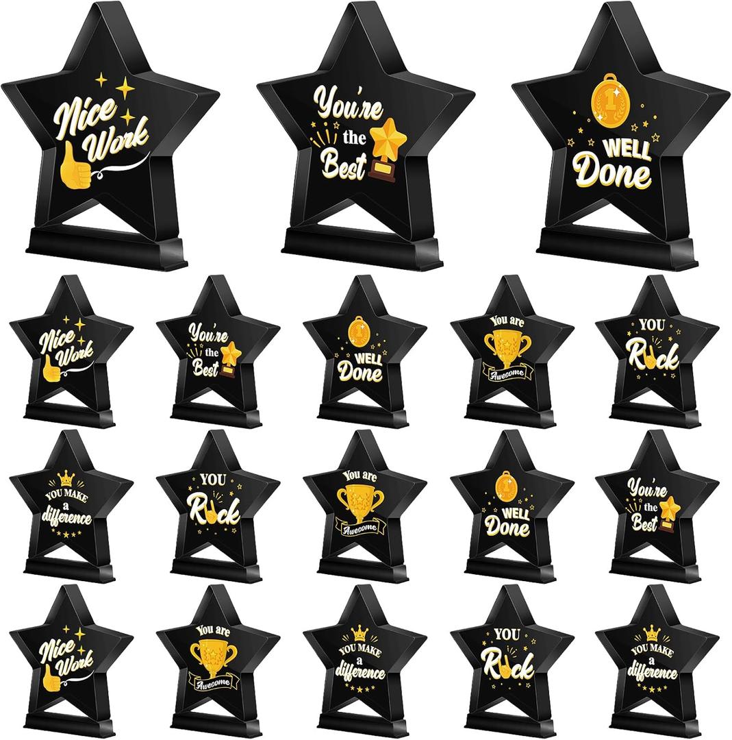 Treela 18 Pcs Employee Appreciation Awards Gifts Bulk Small Acrylic Trophies Mini Thank You Plaque Gifts for Recognition Adults Students Classroom Office Graduation Decorations(Star,Black)