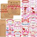 Huquary 100 Pcs Valentine's Day Bracelets Bulk with 50 Pcs Kraft Greeting Card for Women Polymer Clay Beaded Bracelets Friendship Adjustable Stretch Jewelry for Galentine's Party Favor Holiday Gift