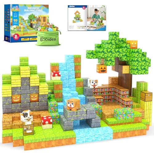 Gooidea Large Magnetic Blocks 1" Building Cubes Toys for Kids Ages 4-6 5-7 8-12, Magworld Bamboo House Building Craft Construction Toy Set, Creative Sensory Toys Game Gift for 3+ Year Old Boys Girls