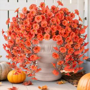 Fake Mums Artificial Fall Hanging Flowers for Outdoors Decoration, 2 PCS Fake Silk Morning Glory with Brown Eucalyptus UV Resistant Plants for Wall Home Porch Patio Balcony Yard Decor (Orange) Fake Mums Artificial Fall Hanging Flowers for Outdoors Decoration, 2 PCS Fake Silk Morning Glory with Brown Eucalyptus UV Resistant Plants for Wall Home Porch Patio Balcony Yard Decor (Orange)