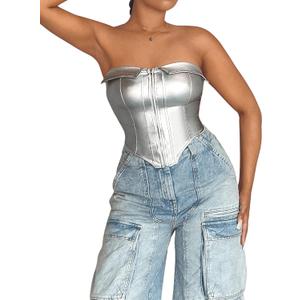 GORGLITTER Women's Metallic Strapless Bandeau Tube Tops Sleeveless Backless Asymmetrical Country Concert Corset Tops (Medium)
