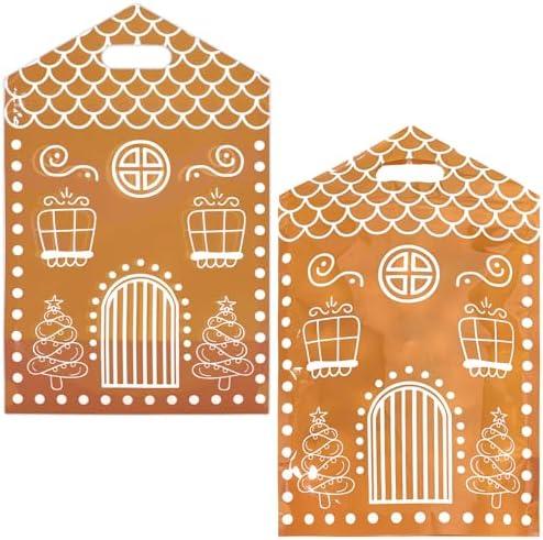 JarThenaAMCS Christmas Candy Treat Bags Gingerbread House Zip Lock Bag with Handle Resealable Goodie Gift Bags for Winter Xmas Party Supplies Decor
