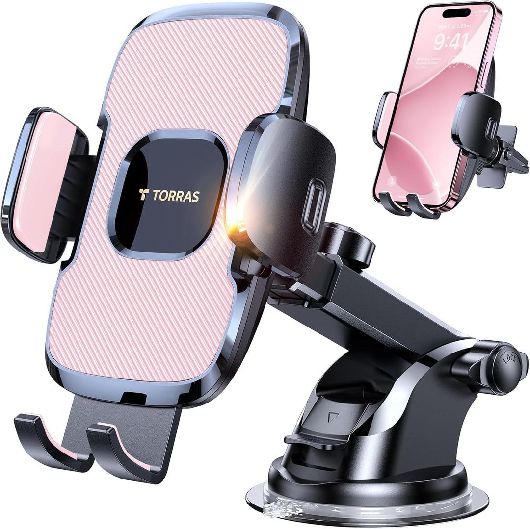 TORRAS Pink Phone Holders for Your CarUltra-Durable & Strongest Suction, Universal Car Phone Holder Mount Truck Cradle Stand for Dashboard Windshield Vent, Pink Car Accessories