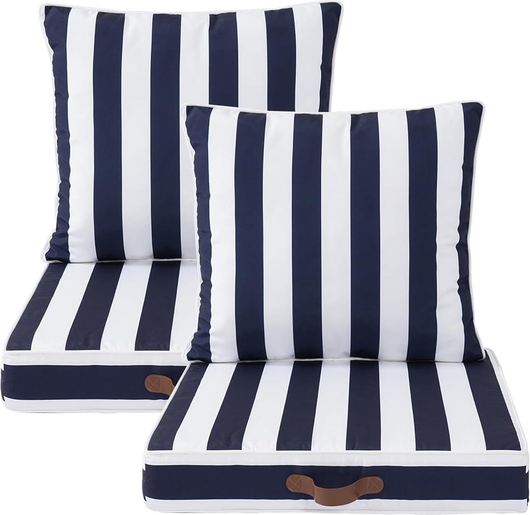 Enipate Outdoor Deep Seat Cushion Set of 2, Weather Resistant Patio Furniture Cushions with Zipper and Handle, 24 x 24 x 4 inch Outdoor Wicker Chair Cushions for Patio,Yard,Garden (Blue White Stripe)