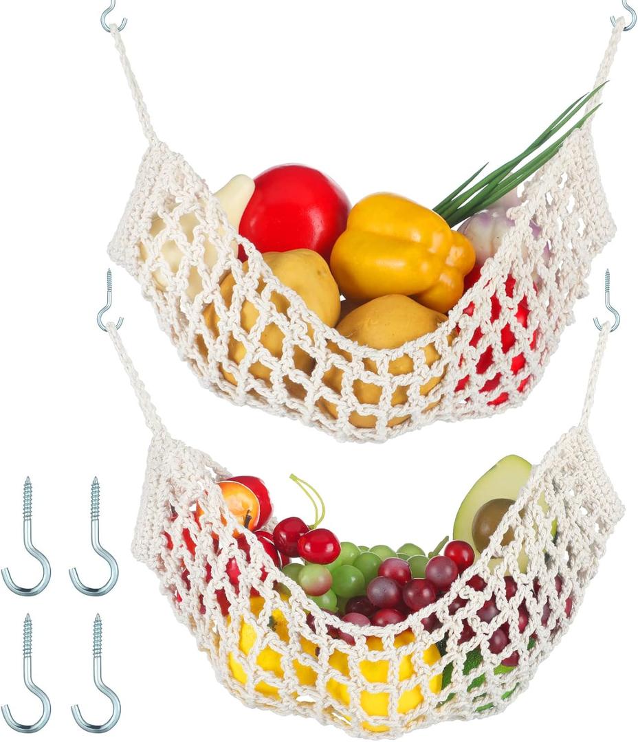 2 Pcs 11.8 x 20 Inch Large Macrame Fruit Hammock Under Cabinet Veggie Banana Hammock Hanging Fruit Basket Saves Counter Space for Kitchen Hand-woven Lace Hanging Basket for Kitchen(Rustic Style)