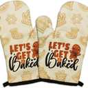 2 Pcs Funny Baking Oven Mitts Let's Get Baked Heat Resistant Mitts Cute Gingerbread Man Silicone Non-Slip Oven Mitts for Kitchen Decor Great Housewarming Gifts for Baking Lover Chef Friend