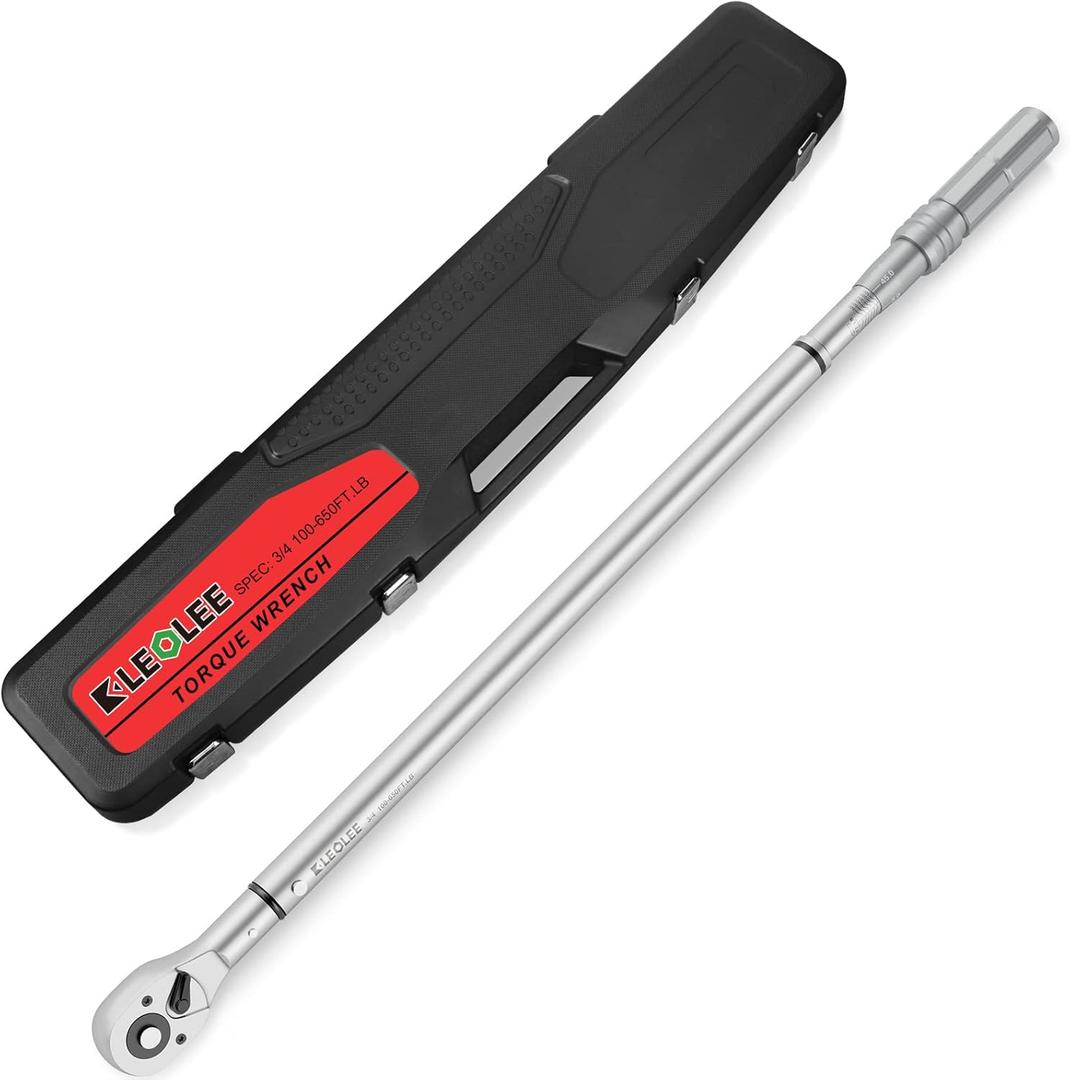 Leolee Torque Wrench 3/4-Inch Drive(100-650 ft-lbs/135-880Nm), Industrial Adjustable Torque Wrench Set with Torque 3% Accuracy, Precision Mechanic Tools for Oil Rigs, Trucks & Off-Road Equipment (100-650ft-lb)