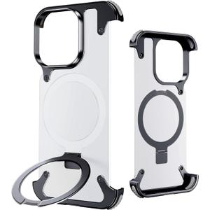 Frameless for iPhone 15 Promax Case with Magsafe Kickstand, Bezel Less Metal Slim Hard Shockproof Ultra Thin for iPhone 15 Pro Max Case with Ring Holder Magnetic Invisible Stand for Men, Black (Clear frosted-black)
