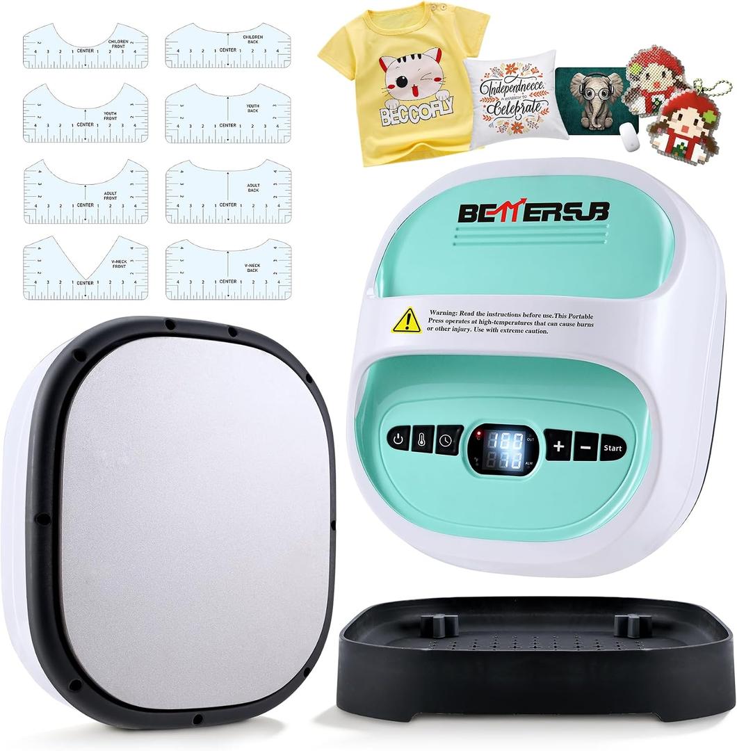 BetterSub Heat Press Machine for T-Shirts, Portable Heat Press, Iron Press for Sublimation and HTV Vinyl Shirt Press Machine for Hat, Bags, Heating Transfer Projects (8.3"9.7" Teal)