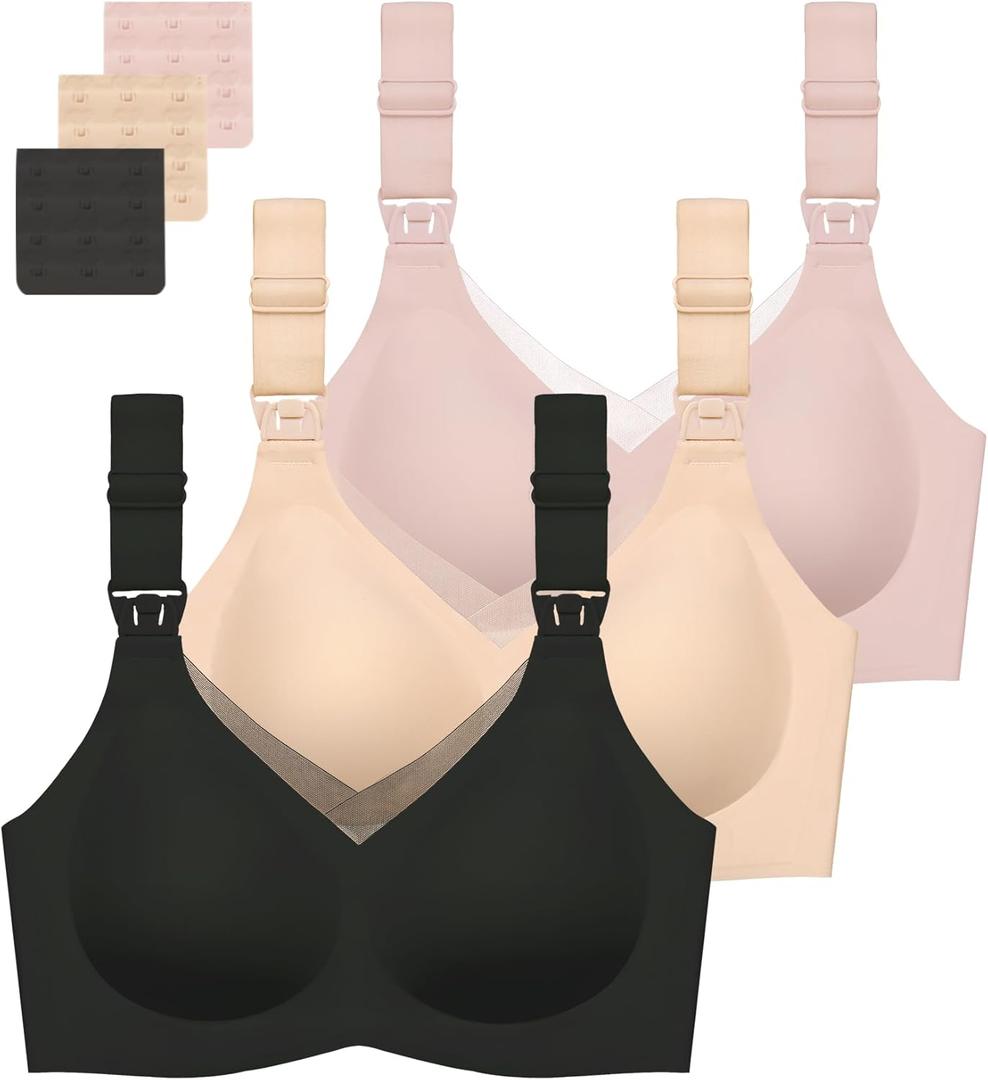 Gailife 3 Pack Nursing Bras for Breastfeeding Seamless V Neck Mesh Maternity Bra Comfort Pregnancy Sleep Bralette (Small, Black/Beige/Pink)