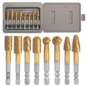 8Pack Carbide Burr Set (3/8 & 1/2 inch Diameter) with 1/4 inch Hex Shank,Tungsten Carbide Rotary Burr Set for DIY Grinder Metal Wood Engraving Polishing Drilling Grinding Milling Cutting