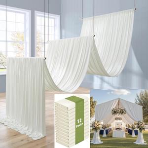 12 Panels 5x20ft Ivory Ceiling Drapes for Wedding Parties, Wrinkle Free Thick Polyester 20ft Extra Long Wedding Draping Ivory Ceiling Curtains Arch Drapery for Birthday Party Canopy Tent Decor, 60"W x 240"L
