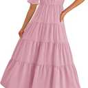 PRETTYGARDEN Women's Summer Casual Short Sleeve V Neck Midi Dresses 2025 Spring A-line Tiered Wedding Guest Dress (Pink), Small