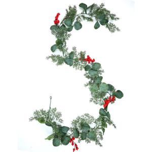 5.9 Feet Eucalyptus Leaves Red Berry Norfolk Pine Christmas Greenery Garland for Table, Mantle, Wall, Indoor, Outdoor Christmas Decorations