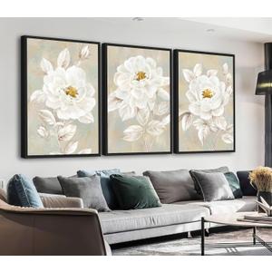ASDCEUTICALS Large Canvas Wall Art - Beige Bloomy Flower Wall Decor, Vintage Floral Paintings, Aesthetic Botanical Pictures for Living Room Bedroom Office Bathroom Framed Artwork 24" X 36" X 3 Pcs