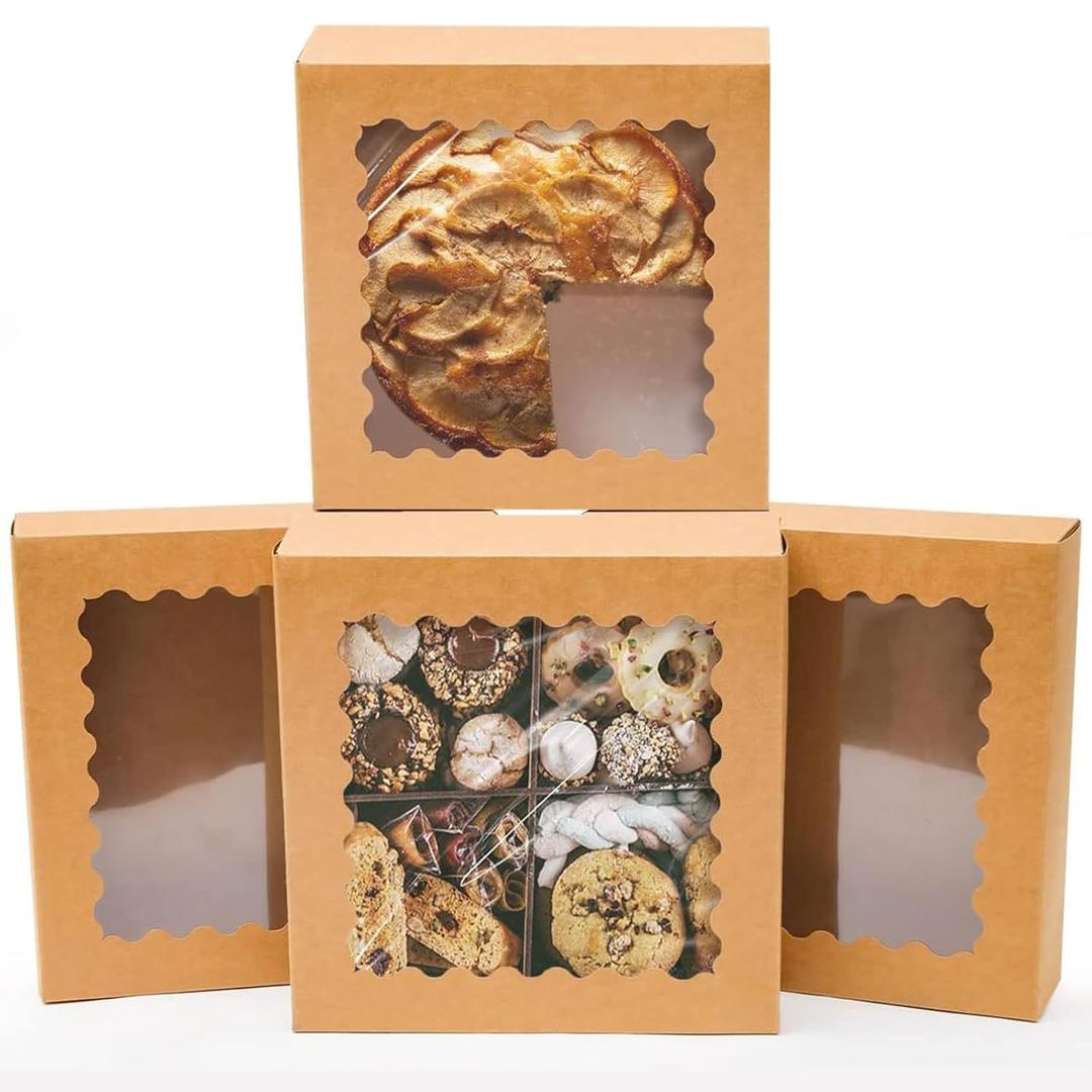 qiqee Auto-pop up 50 Packs Bakery Box With Window 8x8x2.5 inch Brown Pie Boxes Pastry
