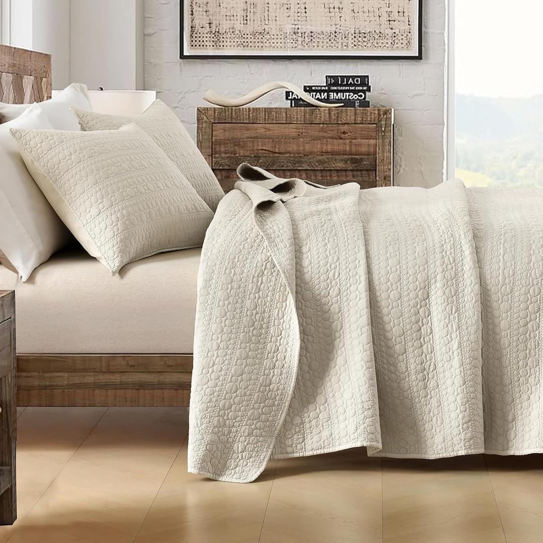 HORIMOTE HOME Quilt Set Queen Size Light Beige, Soft Lightweight Pre-Washed Microfiber Circle Stitches Queen Quilt Bedding Set, All Season Spring Summer Bedspread Coverlet, 2 Pillow Sham, 90x96 Inches