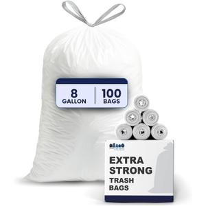 Plasticplace 8 Gallon Trash Bags: Premium White Drawstring Garbage Bag, 0.7 Mil Thickness, Durable Trash Can Liners, Garbage Bags for your Trash Can, Ring Size 22" x 22" (Pack of 100)