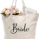 CARAKNOTS Bride Tote Bag for Wedding Large Natural Canvas Wedding Essential Bag with Zipper and Pocket, Bridal Shower Gifts for Bride to be, Bachelorette, Engagement Honeymoon Beach Shoulder Bag