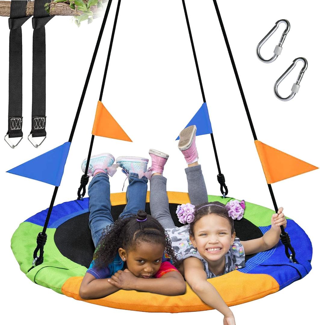 PACEARTH 40 Inch Saucer Tree Swing Flying 900lb Weight Capacity 2 Added Hanging Straps Adjustable Multi-Strand Ropes Colorful Safe and Durable Swing Seat for Children (Multicolored)