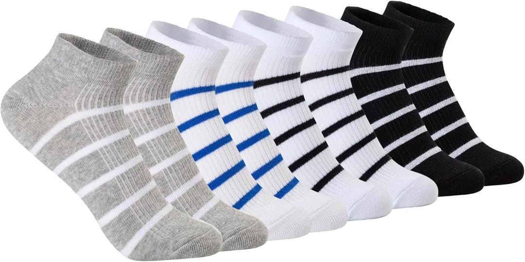 Athletic Ankle Socks, 4 Pairs, Striped Pattern, Gray White Black lue, Low Cut