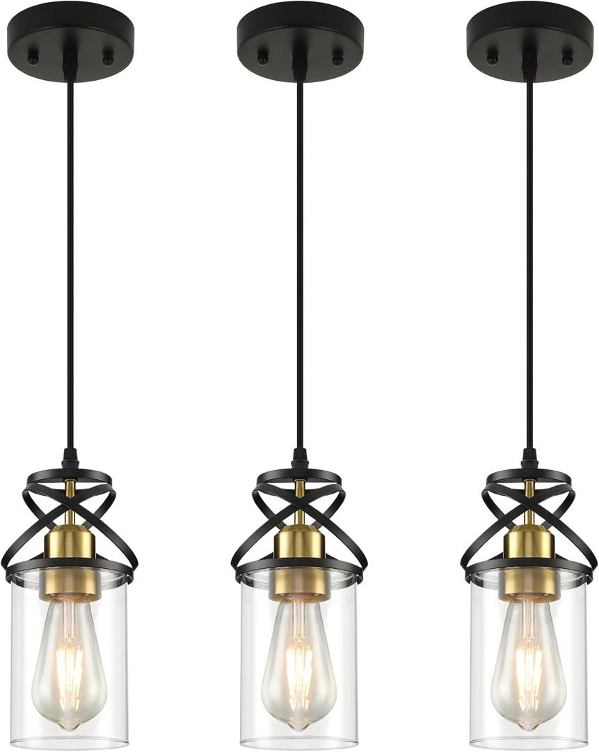 Modern Pendant Light Fixture, Black Gold Farmhouse Hanging Light for Kitchen Island, Industrial Clear Glass Pendant Lighting for Dining Room Bedroom, 3-Pack
