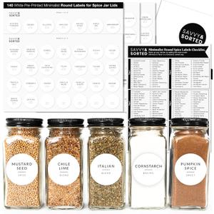 Round Spice Labels Stickers for Glass Jars - 140 Preprinted Waterproof Spice Jar Labels Stickers for Top of Lids, Seasoning Labels Only, Kitchen Pantry Organization